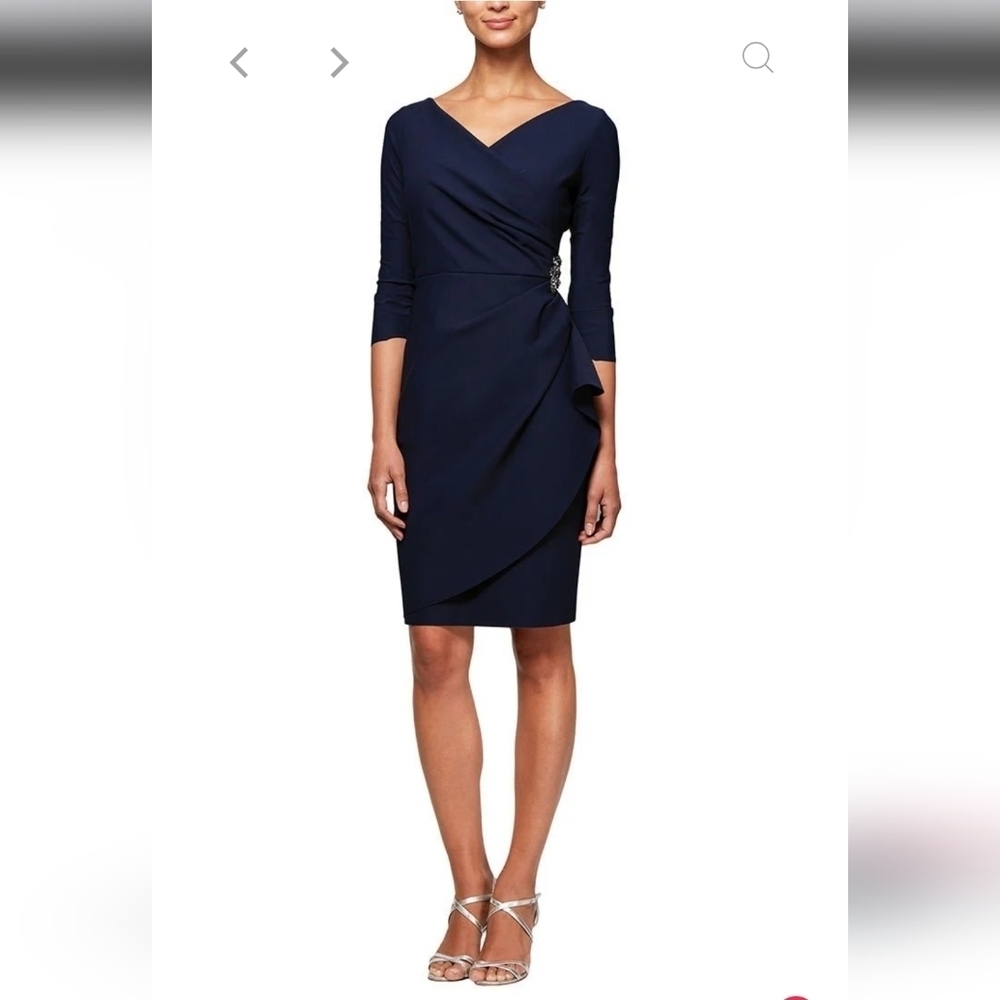 Nwt Alex Evenings Surplice Sheath Dress Beaded Hip & Cascade Ruffle Dress Navy